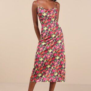 Lulus Favorite Icon Black Multi Floral Satin Cowl Neck Slip Midi Dress - Size M